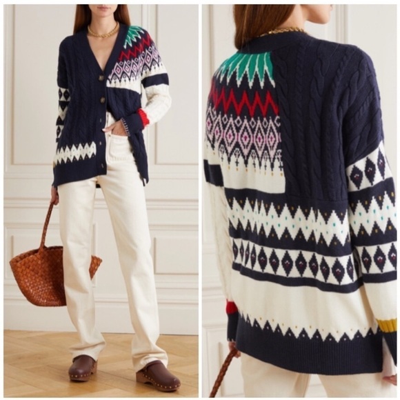La Ligne Patchwork Fair Isle Cable Knit Wool Cardigan - Picture 1 of 8